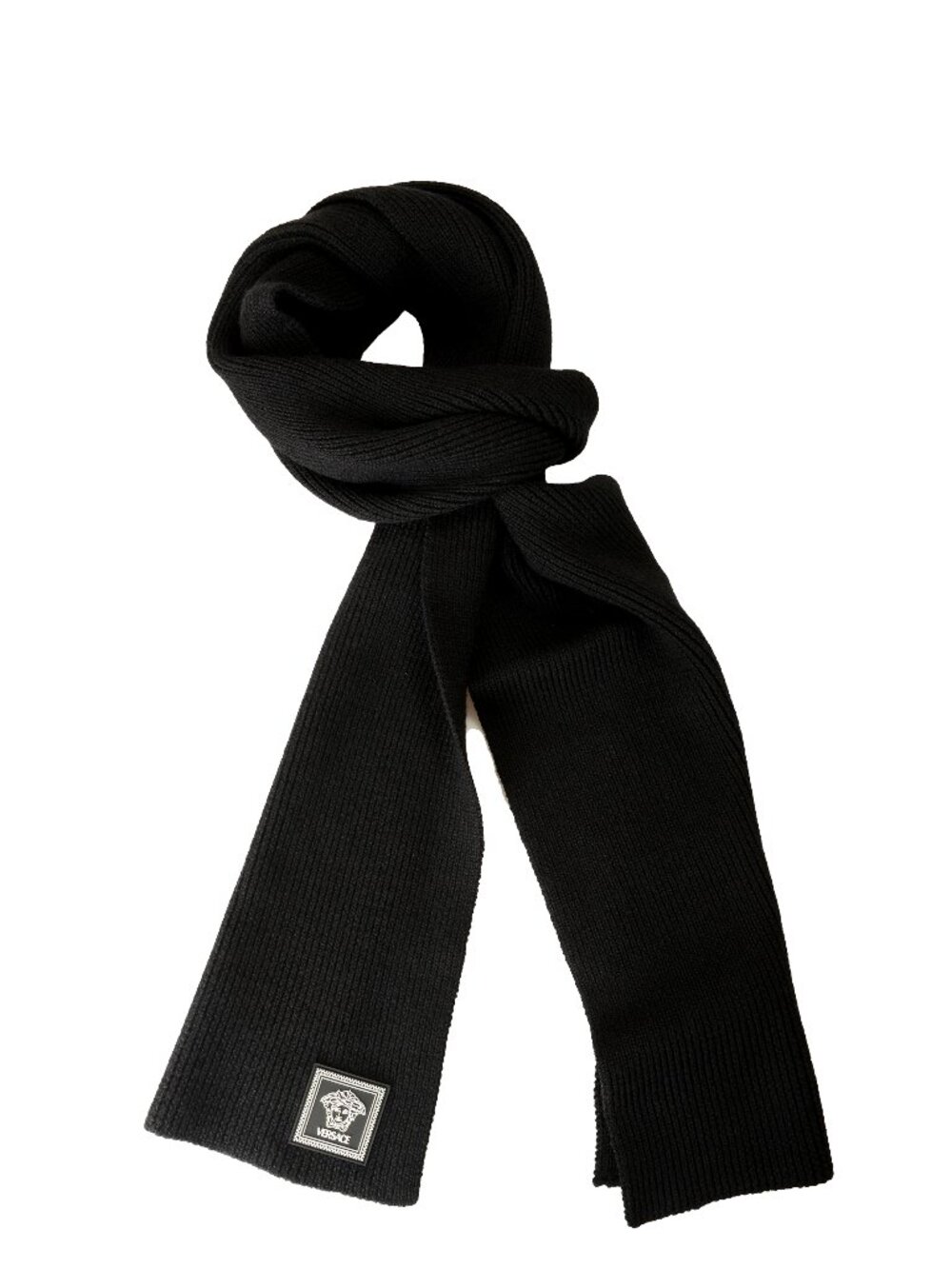 Versace Unisex Black 100% Wool Ribbed Knitted Long Scarf